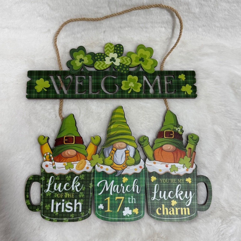 St Patricks Day Gnome Welcome Sign Hanging Wood Wall Decor Luck of the Irish